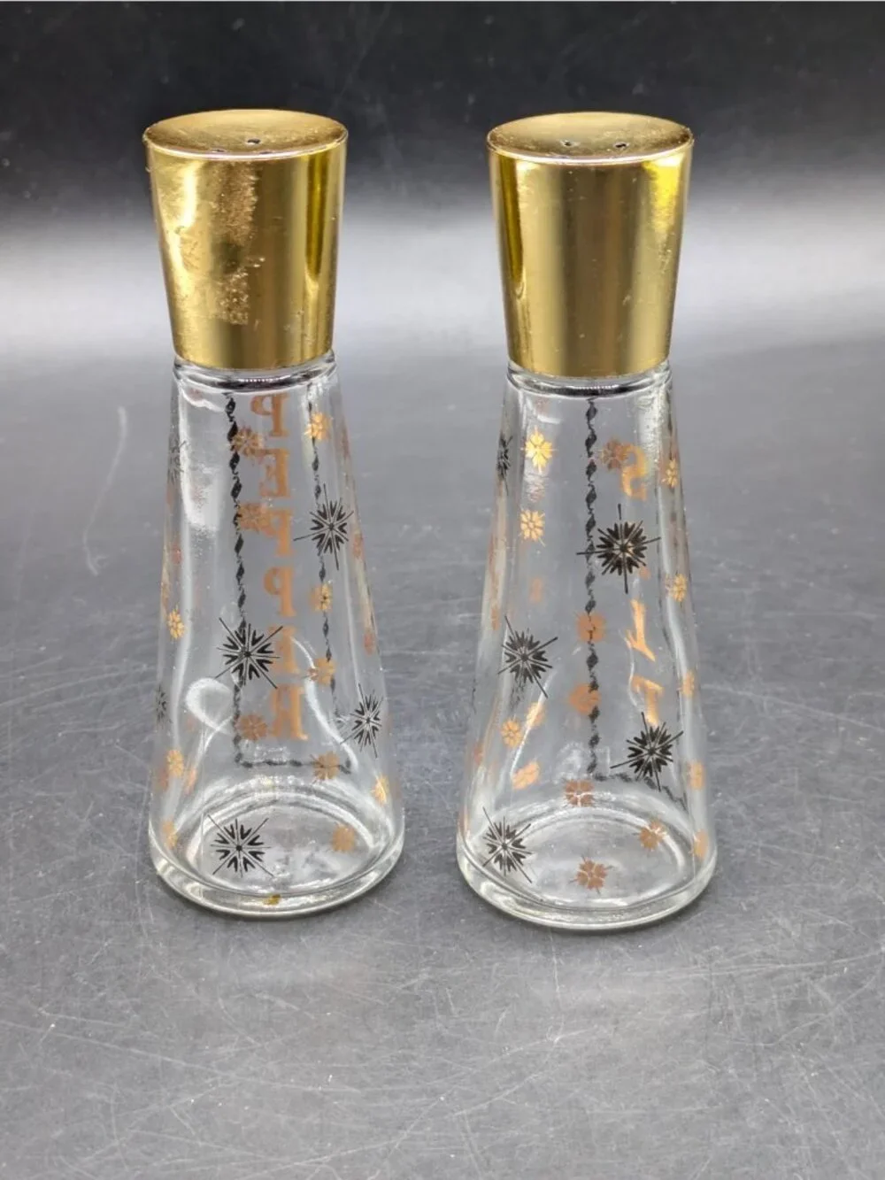 Vintage Salt and Pepper Shakers Starbrite Pattern Gold Top Atomic Star MCM 4